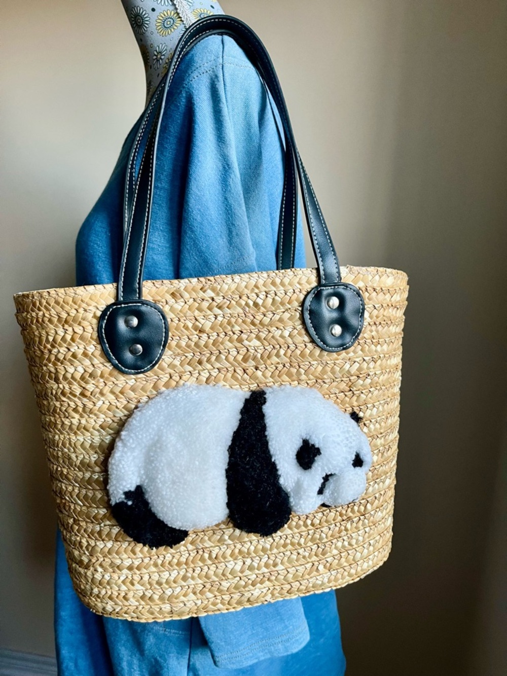 Handmade Straw Tote Bag with Cute Embroidered Panda, Cottagecore Shoulder Bag